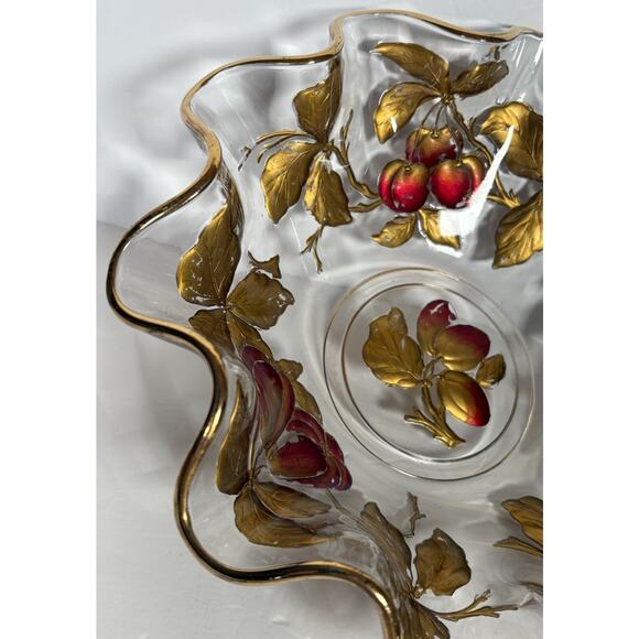 Vintage Glass Intaglio Fruit Bowl Goofus Glass Ruffled Gold Rim Red Fruit - Picture 4 of 14